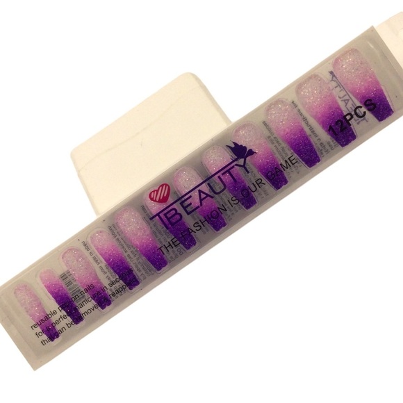 T beauty reusable long press on nails coffin shaped purple white - Picture 1 of 5